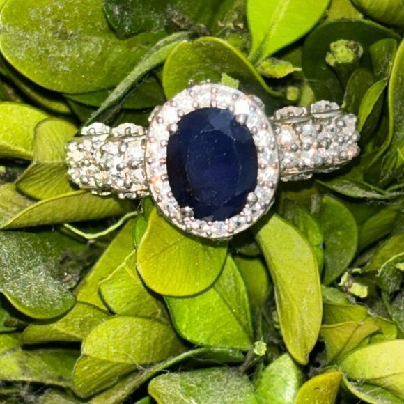 New 925 silver STS medium blue sapphire/ CZ cushion/halo ring Sz 9 fancy setting - Picture 1 of 11